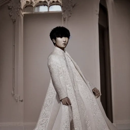 Image similar to a beautiful young korean male wearing a translucid lace wedding gown designed by alexander mcqueen, photographed by andrew thomas huang for a fashion editorial