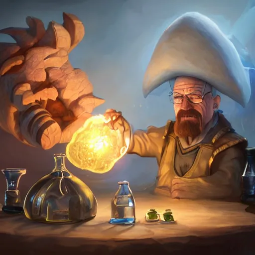 Prompt: Walter White as an Alchemist mixing the Potion of Swift Wind, fantasy illustration by Tony Sart, Trending on artstation