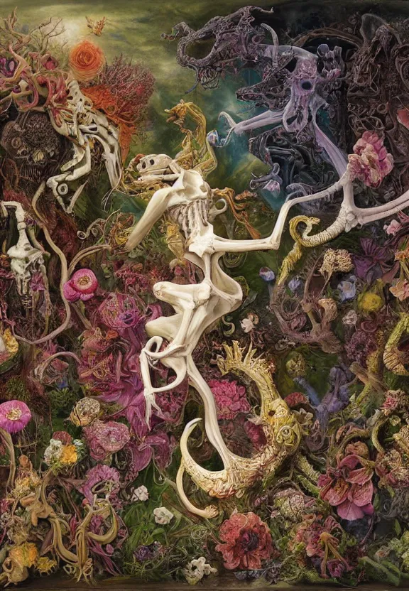 Image similar to simplicity, elegant, colorful muscular eldritch animals and bones radiating from fractal, orchids, dahlias, flowers, mandalas, white bones, by h. r. giger and esao andrews and maria sibylla merian eugene delacroix, gustave dore, thomas moran, pop art, chiaroscuro, biopunk, art nouveau