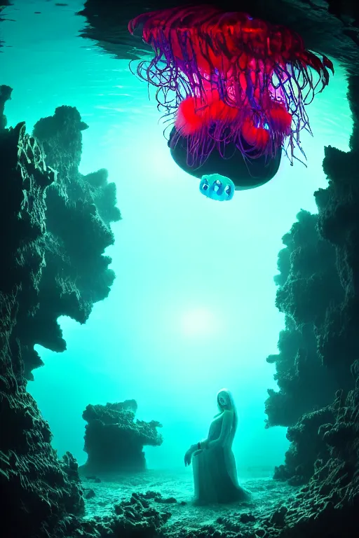 Image similar to high quality photo of cinematic underwater dystopian cyber - gothic cathedral ruins with giant bioluminescent colorful mutant plants and cyborg jellyfish, digital art masterpiece, aykut aydogdu eric zener, dramatic volumetric light, extreme long shot, ground angle uhd 8 k, sharp focus