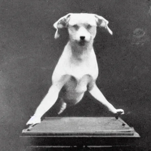 Prompt: an early 1 9 0 0 s photograph of a luminescentblack dog levitating