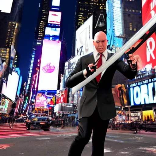 Image similar to a picture of agent 4 7 swinging in nyc times square, photorealistic