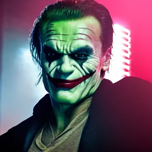 Prompt: awe inspiring Arnold Schwarzenegger as The Joker 8k hdr movie still dynamic colorful lighting