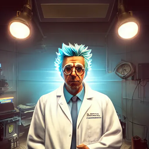 Prompt: portrait of rick sanchez, lab coat, lens flare, atmosphere, glow, detailed, intricate, full of colour, cinematic lighting, trending on artstation, 4 k, hyperrealistic, focused, extreme details, unreal engine 5, cinematic, masterpiece