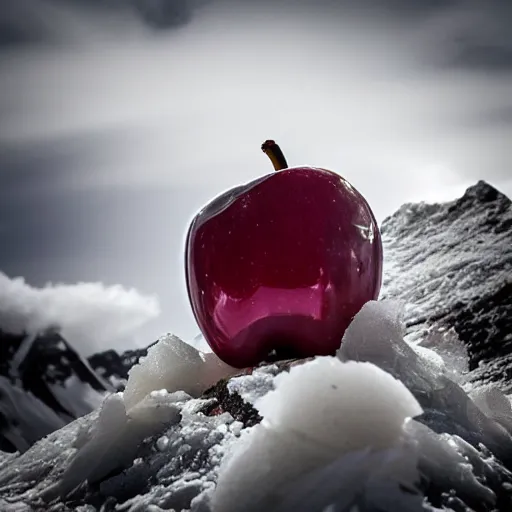 Prompt: an apple made of rainbow crystal is sitting on the peak of mount everest, clear focus, bokeh effect, hasselblad, professional photo