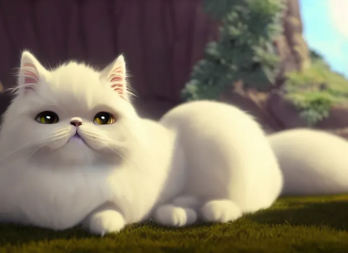 Prompt: a wholesome animation key shot of a persian cat sleeping, long fur, close up, studio ghibli, pixar and disney animation, sharp, rendered in unreal engine 5, clear sky, anime key art by greg rutkowski, bloom, dramatic lighting