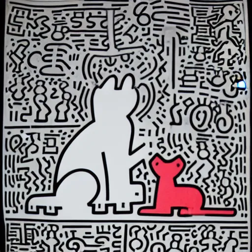 Image similar to a white dog and a black cat by keith haring