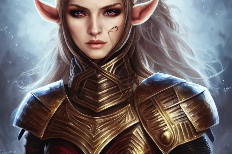 Image similar to head and shoulders portrait of an eldritch knight, elf, beautiful, female, breastplate, magical, high fantasy, d & d, by artgerm, face details, extremely detailed, digital illustration