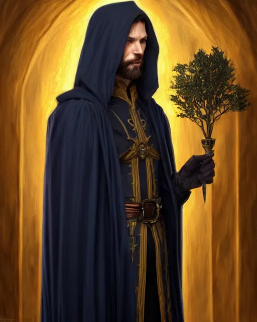 Prompt: handsome male wizard in a tavern, long black hair blue eyes young face wearing cloth mantle gothic navy cloak with gold details, tree town, fantasy character portrait, ultra realistic, intricate, elegant, cinematic lighting, highly detailed, digital painting, artstation, smooth, sharp, focus, illustration, art by artgerm and greg rutkowski and alphonse mucha