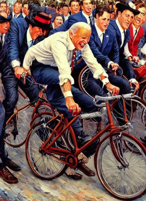 Prompt: joe biden falling off a bicycle, pulp art oil painting by mort kunstler and wilson mclean, intricate, hyper detailed, 4 k, hd, award winning, photorealistic