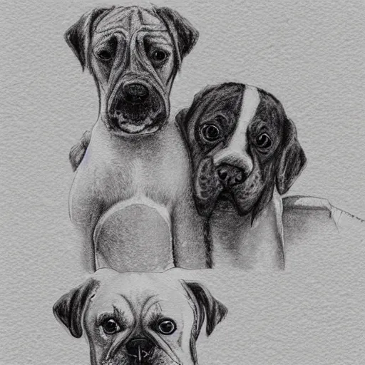 Prompt: detailed whimsical pencil and watercolor illustration of a mommy dog and a daddy dog hugging their puppy with eyes shut and happy expressions. White background.