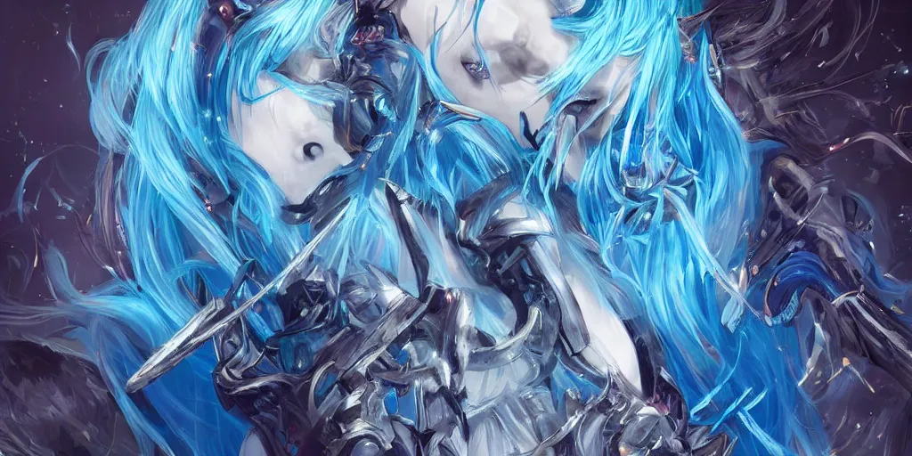 Image similar to the beautiful girl's blue hair dances with electricity, her sword a blade made of light, her armor gleams with power, her blue eyes gazed upon the horde of monster in front of her fearlessly, digital art, official, intricate detail