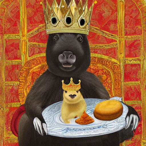 Image similar to painting of a capybara wearing a crown sitting on a throne surrounded by food offerings, trending on artstation