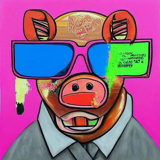 Prompt: “a portrait in an art student’s apartment, a rich pig with bling and sunglasses, cash, skyscraper, pork, central pork, white wax, squashed berries, acrylic and spray paint and oilstick on canvas, surrealism, neoexpressionism”