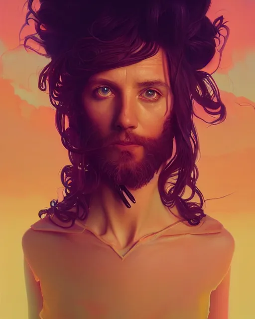 Image similar to highly detailed surreal vfx portrait of a candypunk jesus, stephen bliss, unreal engine, greg rutkowski, loish, rhads, beeple, makoto shinkai and lois van baarle, ilya kuvshinov, rossdraws, tom bagshaw, alphonse mucha, global illumination, detailed and intricate environment