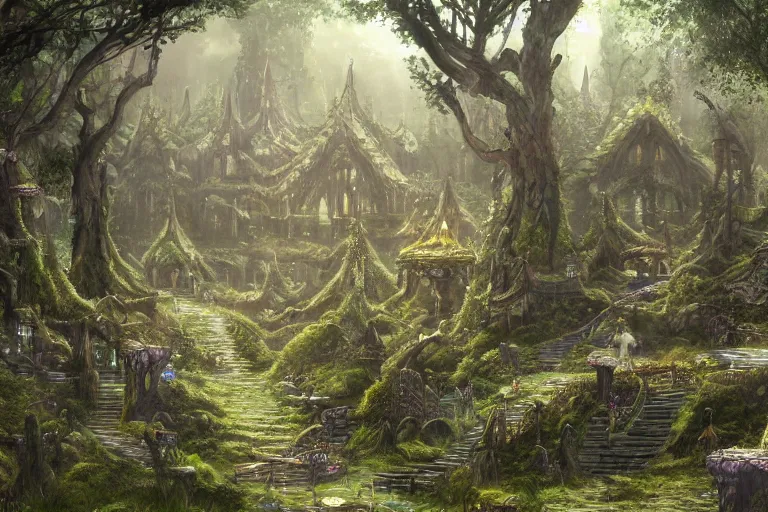 Image similar to mystical elven city in a forest glade, highly detailed, d & d, fantasy, highly detailed, digital painting, trending on artstation, concept art, sharp focus, illustration