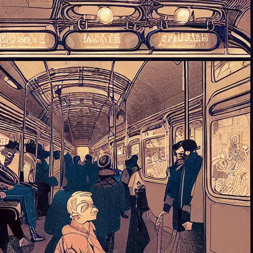 Image similar to parisian subway life, illustration by victo ngai, studio muti, malika favre