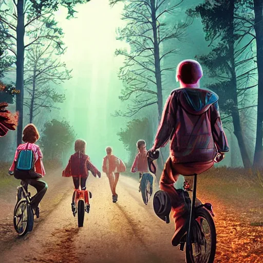 Image similar to stranger things kids riding into woods, adam adamowicz illustration character design concept, unreal 5, d