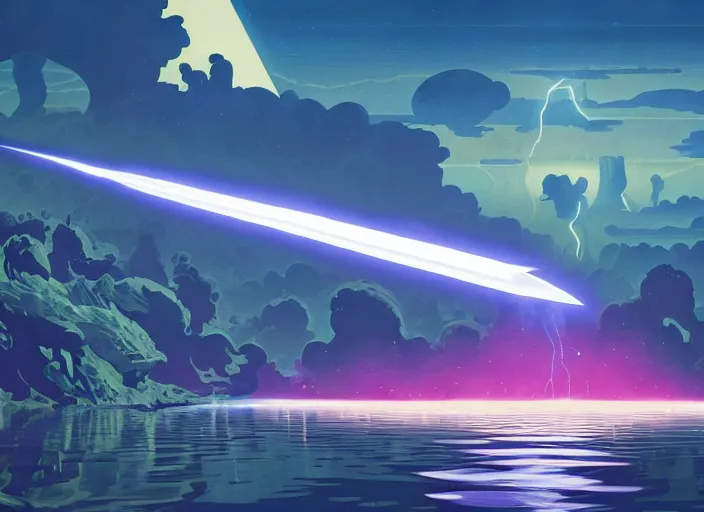 Image similar to a luminescent lightning sword in a lake by paolo eleuteri serpieri and tomer hanuka and chesley bonestell and daniel merriam and tomokazu matsuyama, unreal engine, high resolution render, featured on artstation, octane, 8 k, highly intricate details, vivid colors, vector illustration
