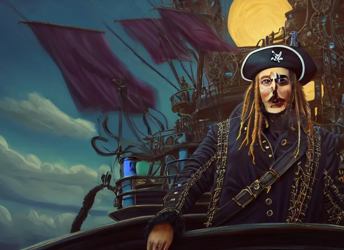 Prompt: highly detailed portrait of a sinister Elon Musk as a dread pirate captain, proudly posing at the helm of his frigate wearing an ornate pirate hat, full body, sinking smoking ship in the background at sunset, artstation, cinematic lighting, hyperdetailed, cgsociety, 8k, high resolution, insanely detailed and intricate, concept art, smooth, sharp focus, illustration, art by John Collier and Albert Aublet and Krenz Cushart and Artem Demura and Alphonse Mucha