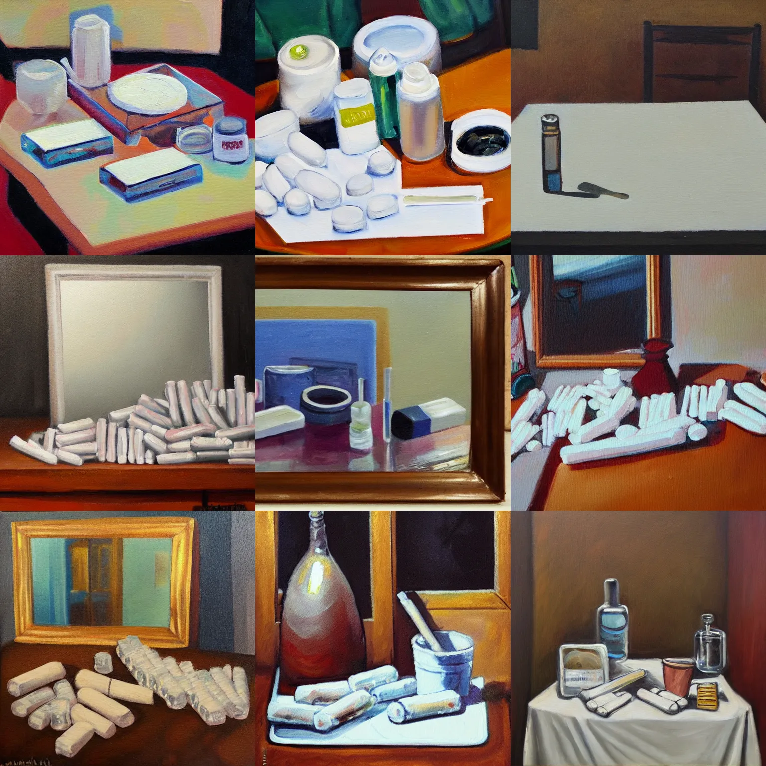 Prompt: Table full of drugs, lines of cocaine on a mirror, oil painting