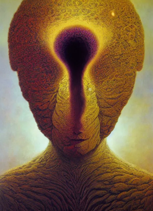 Prompt: dramatic portrait painting of human with black mandelbrot fractal instead of face, in style of zdzisław beksinski,