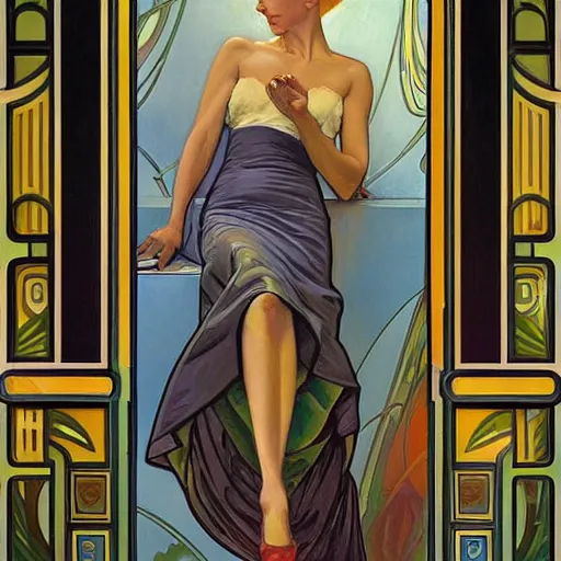 Prompt: a streamline moderne painting in the style of donato giancola, and in the style of vanessa lemmen, and in the style of alphonse mucha. symmetry, smooth, sharp focus, semi - realism, intricate detail.