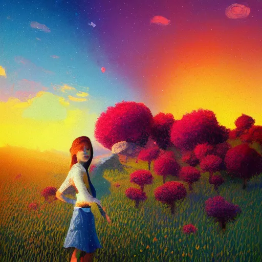 Image similar to girl with one flower afro, in a field with flowers, hills, big trees, sunrise dramatic light, impressionist painting, colorful clouds, digital painting, pointillism, artstation, simon stalenhag