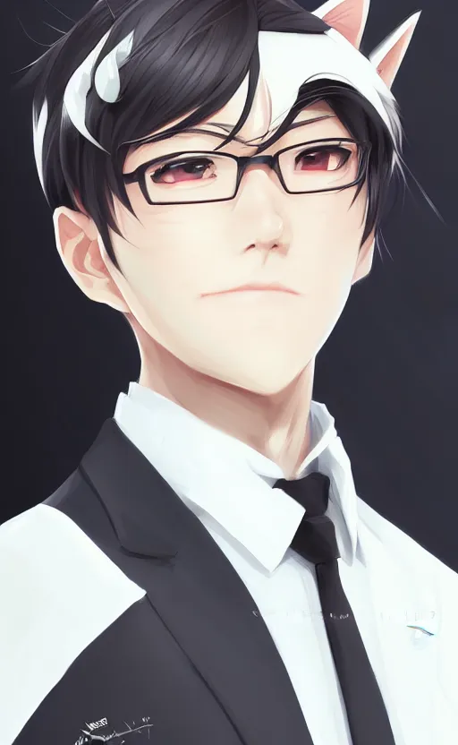 Prompt: A realistic anime portrait of a handsome young man with cat ears wearing a suit, white background, by WLOP and Rossdraws, digtial painting, trending on ArtStation, classic