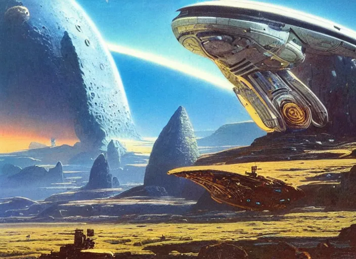 Image similar to a spaceship in a stunning landscape by bruce pennington