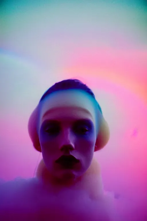 Image similar to high quality pastel coloured film close up wide angle photograph of a model wearing clothing swimming on cloud furniture in a icelandic black rock!! environment in a partially haze filled dreamstate world. three point light, rainbow. photographic production. art directed. pastel colours. volumetric clouds. pastel gradient overlay. waves glitch artefacts. extreme facial clarity. 8 k. filmic.