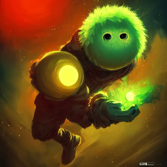 Image similar to cinematic portrait of a cute tennis ball monster in the abyss of space, chalk, masterpiece, trending on artstation, featured on pixiv, cinematic composition, dramatic pose, beautiful lighting, sharp details, hyper-detailed, HD, HDR, 4K, 8K, art by Basil Gogos