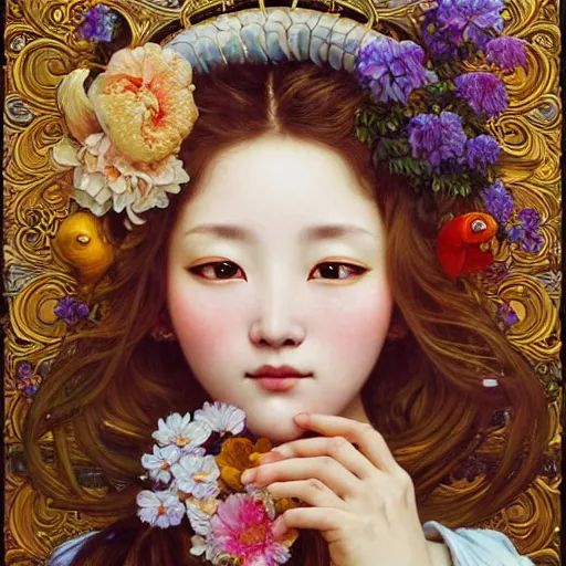 Image similar to a masterpiece ultrarealistic ultradetailed portrait of beautiful love fishmonger girl on street market baroque renaissance. medium shot, intricate, elegant, by stanley artgerm lau, wlop, alphonse mucha, rossdraws, andrei riabovitchev, yoshitaka amano. flower background my james jeand and takashi murakami.