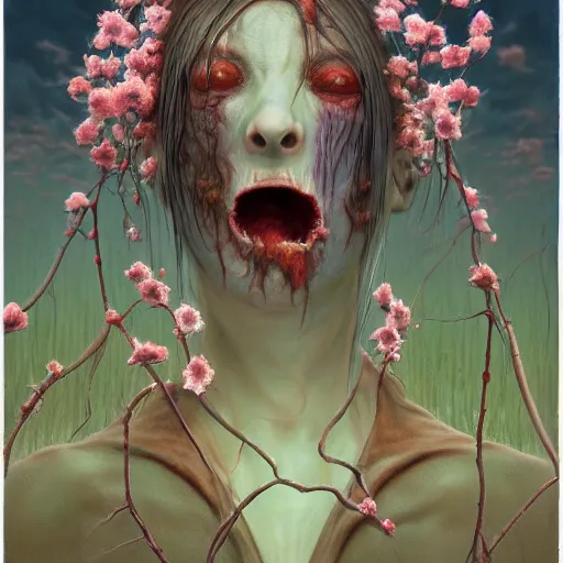 Image similar to a nature portrait of a p - zombie!!! natural lighting art dawn. highly detailed. colourful. moody. artstation, 4 k, by gerald brom zdzisław beksinski, and ansel adams and studio ghibli, horror, lots of sakura flowers, lovely