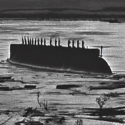 Image similar to film still, close up, nuclear submarine rising out of muddy vietnam river, face covered in mud, low camera angle at water level, night time, film still from apocalypse now ( 1 9 7 9 ), 2 6 mm,