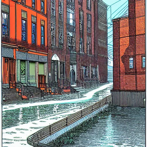 Prompt: water flowing through the streets in brooklyn, color, front view, drawing by moebius