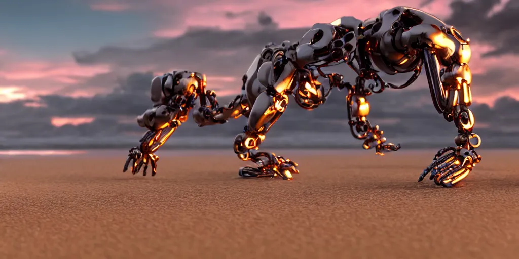 Image similar to a scary, evil, malevolent robotic canine appearance like a japanese spitz, robotic parts fused with the body and head, on a beach at sunset, this 4 k hd image is trending on artstation, featured on behance, well - rendered, extra crisp, features intricate detail and the style of unreal engine. golden hour