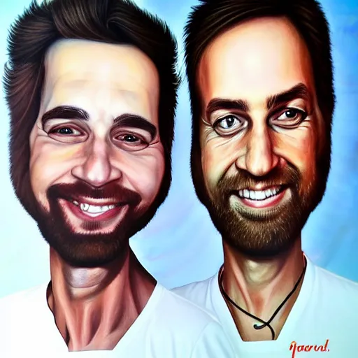 Prompt: Caricature portraits done of Vinny Vinesauce, realistic, hyperrealistic, very realistic, highly detailed, very detailed, extremely detailed, detailed, oil painting, digital art, trending on artstation