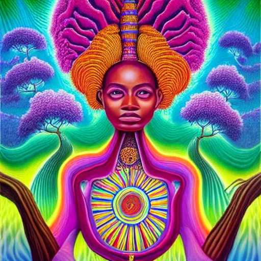 Image similar to a regal and heroic african queen with a colorful afro sitting in a cabana near a larg near a pink river with a large glowing baobab tree, by amanda sage and alex grey and evgeni gordiets in a surreal psychedelic style, symmetrical, detailed eyes, oil on canvas 8k, hd