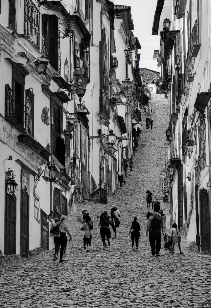 Image similar to ouro preto black and white barroc, photo close view of street with people walking