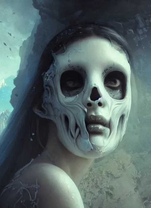 Image similar to close up of a veiled half scull mask girl on the ruins temple, smog on the floor, extremely beautiful and aesthetic and attractive detailed face and body, chiaroscuro, dynamic pose, fantasy illustrations, by makoto shinkai and jeremy lipking and ferdinand knab