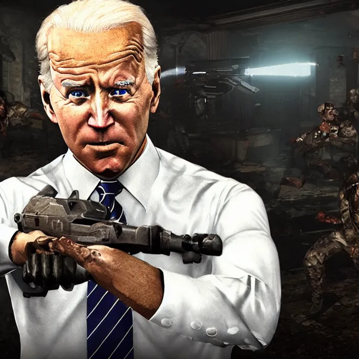 Prompt: Joe Biden in Call of Duty Zombies, Gameplay Screenshot, Direct Warm Lighting, High Graphics, Detailed
