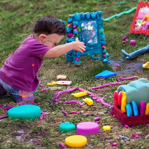 Prompt: A Play-Doh catastrophe, establishing shot, outdoors, carnage everywhere