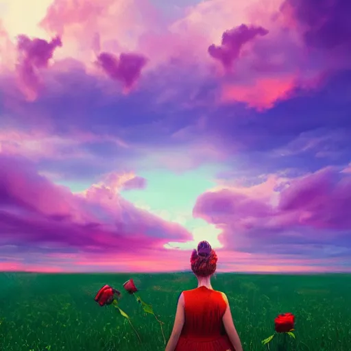 Prompt: woman with a rose flower face standing in flower field, surreal photography, sunrise, colorful clouds, artstation, simon stalenhag