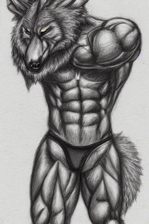 Prompt: master furry artist colored pencil drawing full body portrait character study of the anthro male anthropomorphic wolf fursona animal person bodybuilder at gym