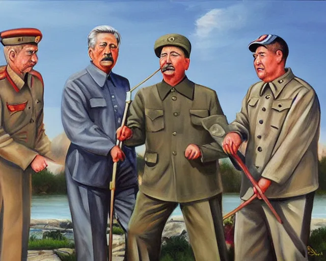 Prompt: painting of trump, stalin, mao, and hitler fishing by john mcnaughton,