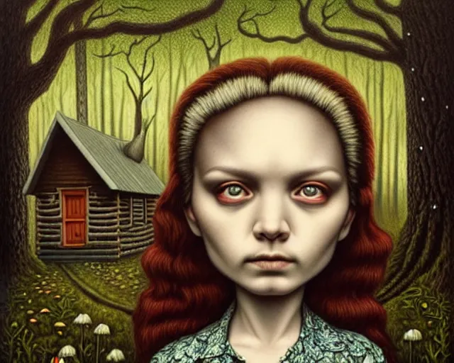 Image similar to intricate detailed portrait of a character in front of a cabin in a dark mysterious forest by mark ryden