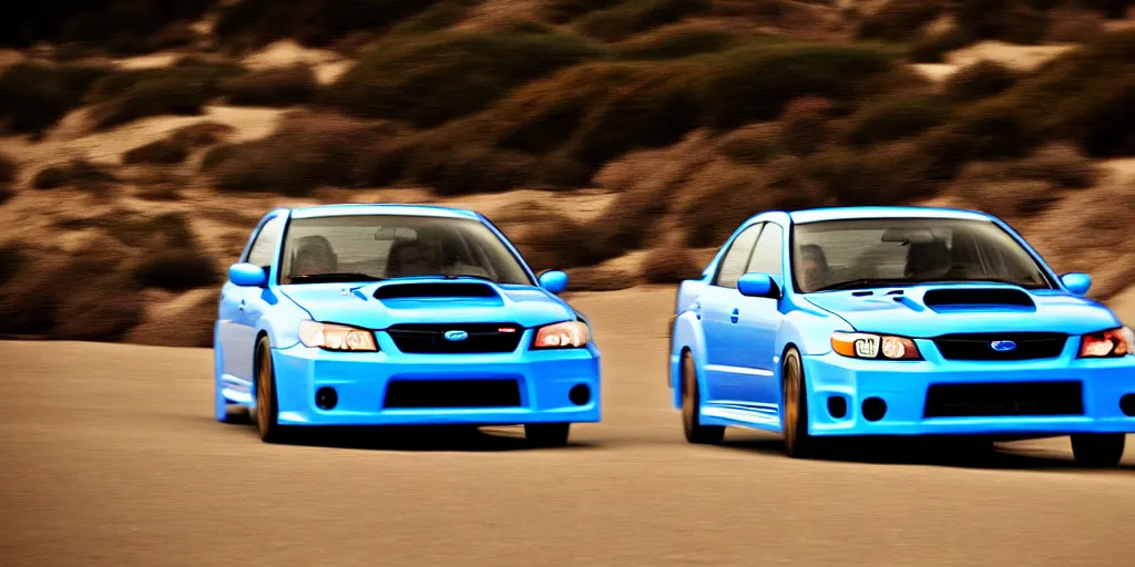 Image similar to photograph, 2007!! Subaru WRX STi, cinematic, california coast, ocean view, 8k, depth of field, bokeh.