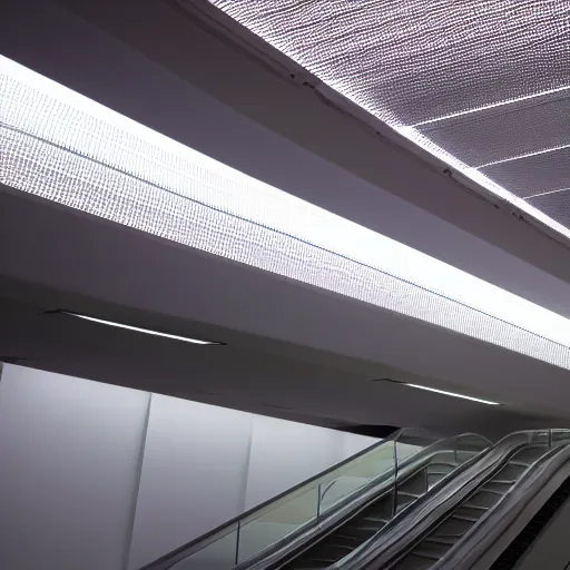 Image similar to approaching futuristic escalator inside white backlit tube with streaming beams of light, scintillating, movement, in the style of james turrell, 8 k, highly detailed, professional photograph, epic composition, modern details