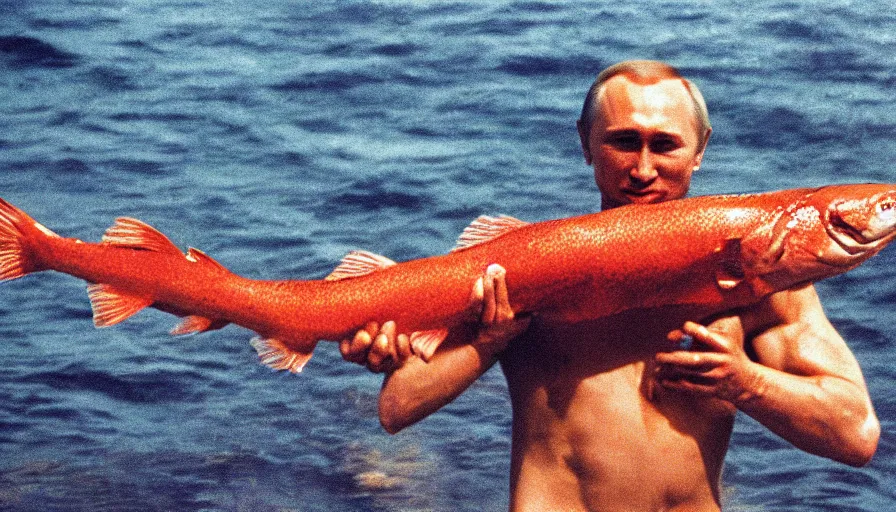 Image similar to 7 0 s movie still of putin in speedo, proudly holding a salmon, focus on eyes. cinestill 8 0 0 t _ 3 5 mm eastmancolor, heavy grain, high quality, high detail